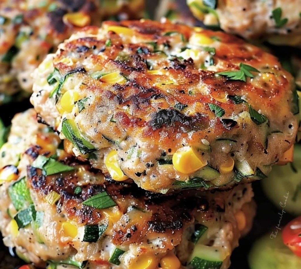 Chicken, Zucchini, and Fresh Corn Burgers with Tomato-Cucumber&nbsp;Relish