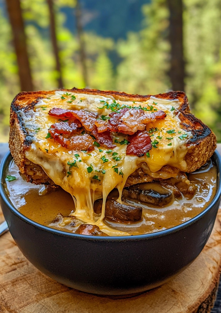 Mushroom & Caramelized Onion Soup with Cheesy Toasties and&nbsp;Bacon